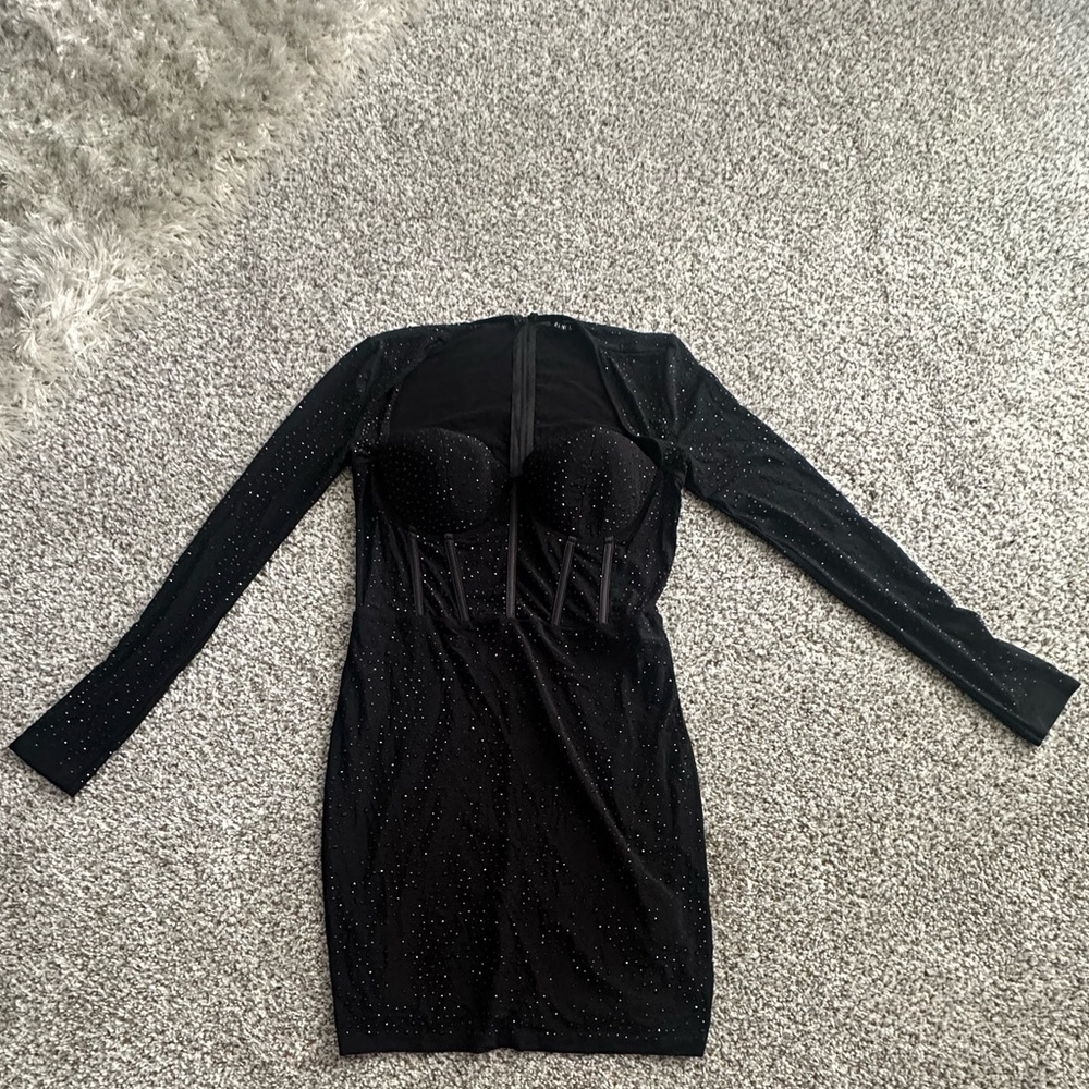 Black Long Sleeve Sweetheart Bodycon Diamond Dress